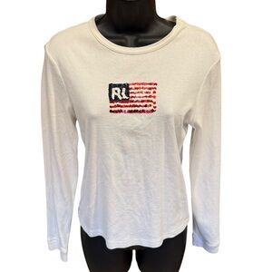 VTG Ralph Lauren Polo Jeans Co USA Sequin Flag Cream Long Sleeve Top 100% Cotton